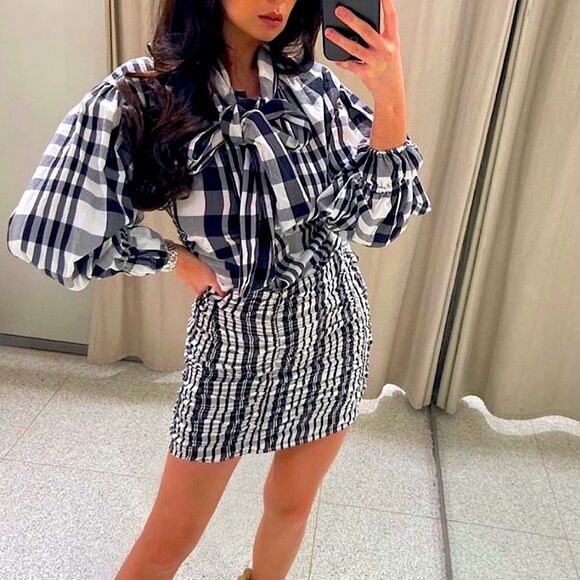 ZARA Plaid Set Skirt & Bow Neck Top Matching 2 Piece Size XS • BLOGGER FAVORITE - Picture 5 of 14